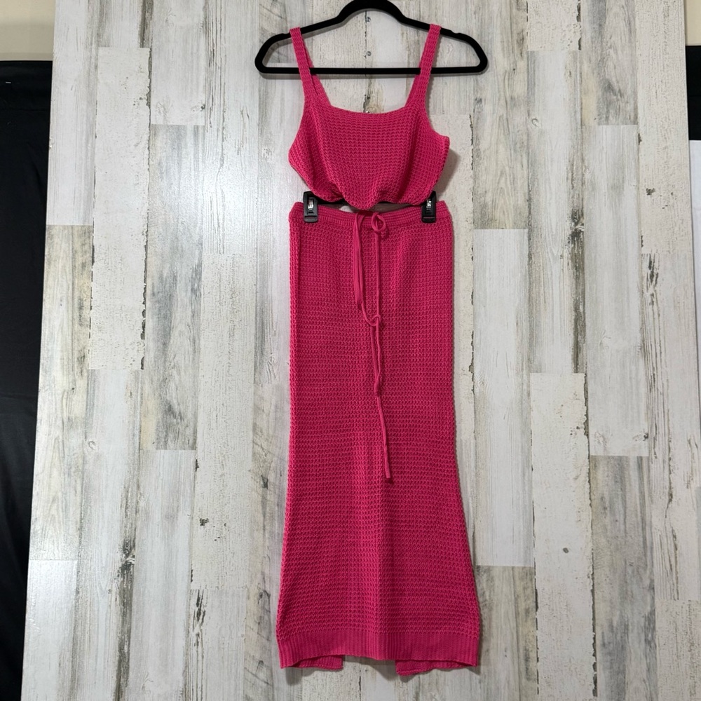 Two Piece Pink Knit Maxi Skirt and Cropped Sleeveless Top Knit Cover Up - Picture 14 of 16